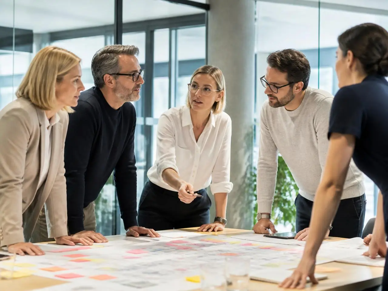 Cinq consultants échangent debout autour d'une table couverte de notes et de documents de travail.