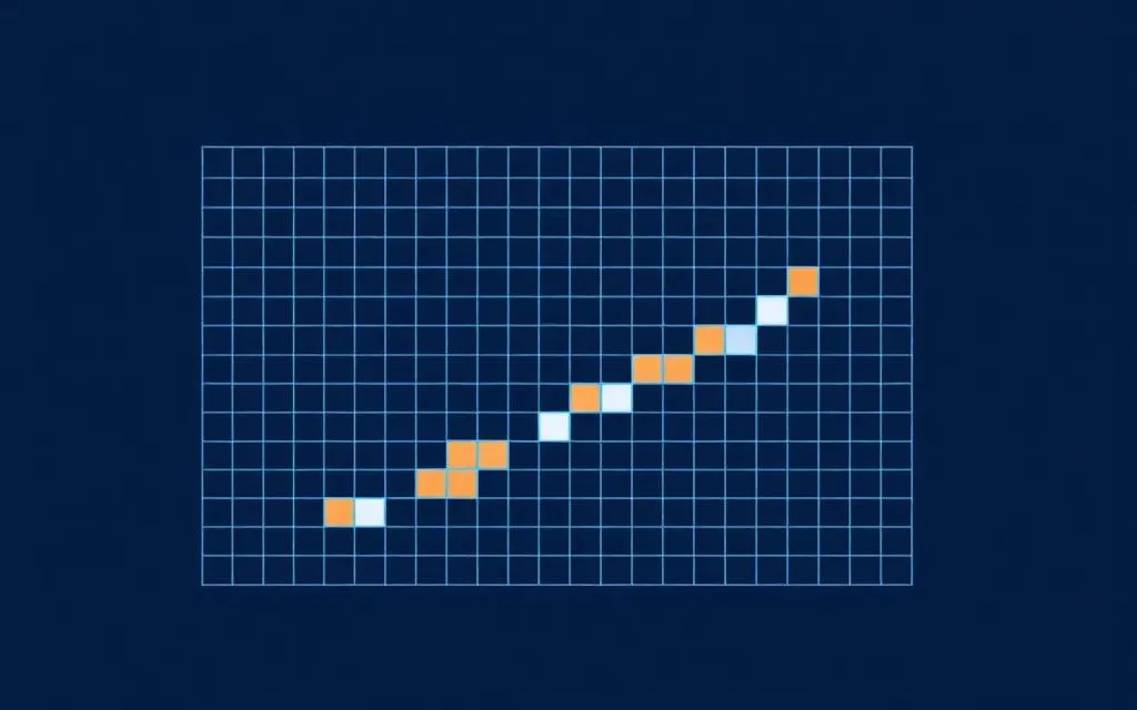 Illustration éditoriale : matrice de compétences sur fond bleu nuit, cases remplies formant une progression ascendante.