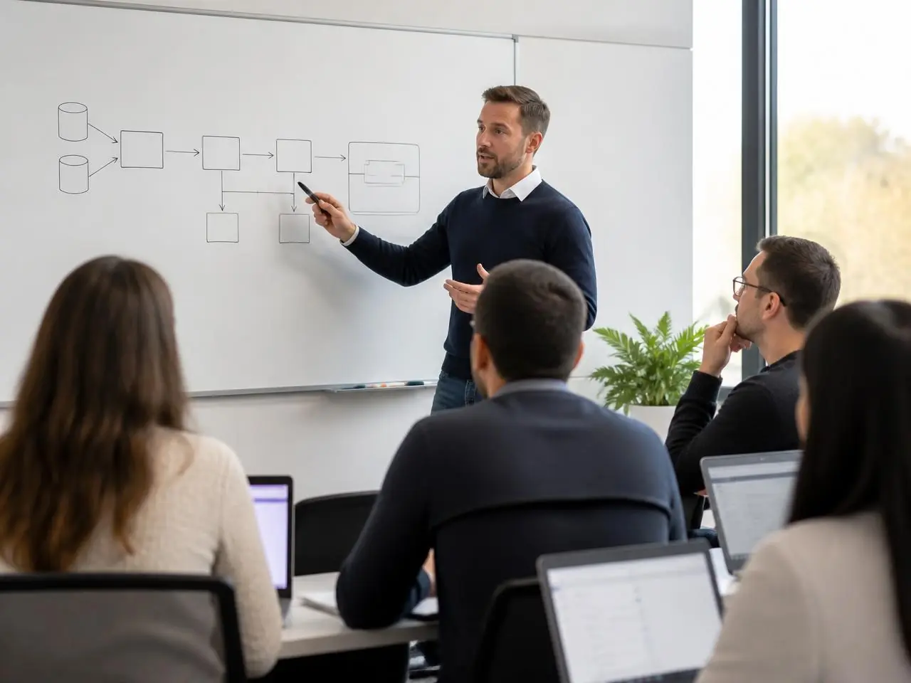 Un formateur explique un schéma de flux de données au tableau blanc devant un groupe d'apprenants.